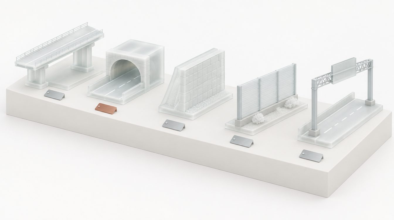 Fünf Glasmodelle auf einem Sockel: Brücke, Tunnelportal, Stützwand, Lärmschutzwand, Schilderbrücke