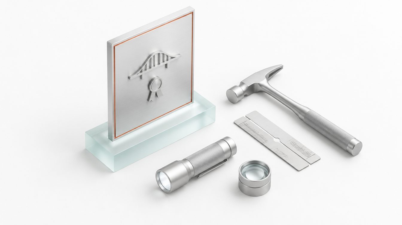 Eine Silberplakette mit Kupferrand, daneben Hammer, Rissma&szlig;stab, Lampe und Lupe