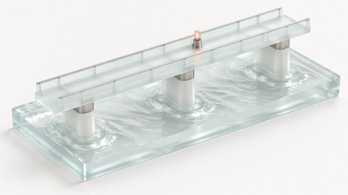 Ein Brückenmodell im gläsernen Wasser mit Wellen um die Pfeiler, ein Warnlicht mit Kupferschein