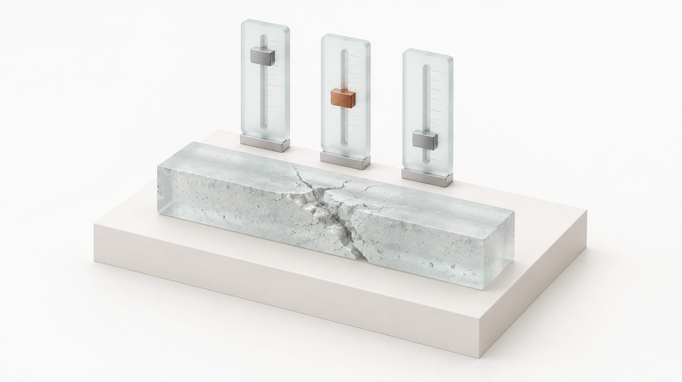 Ein geschädigter Glasbalken, darüber drei Messsäulen mit Schiebern, einer kupfern
